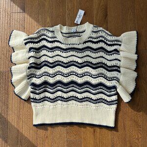 NWT Urban Daizy Navy Cream Crochet Ruffle Sleeve Coastal 100% Cotton Sweater Top